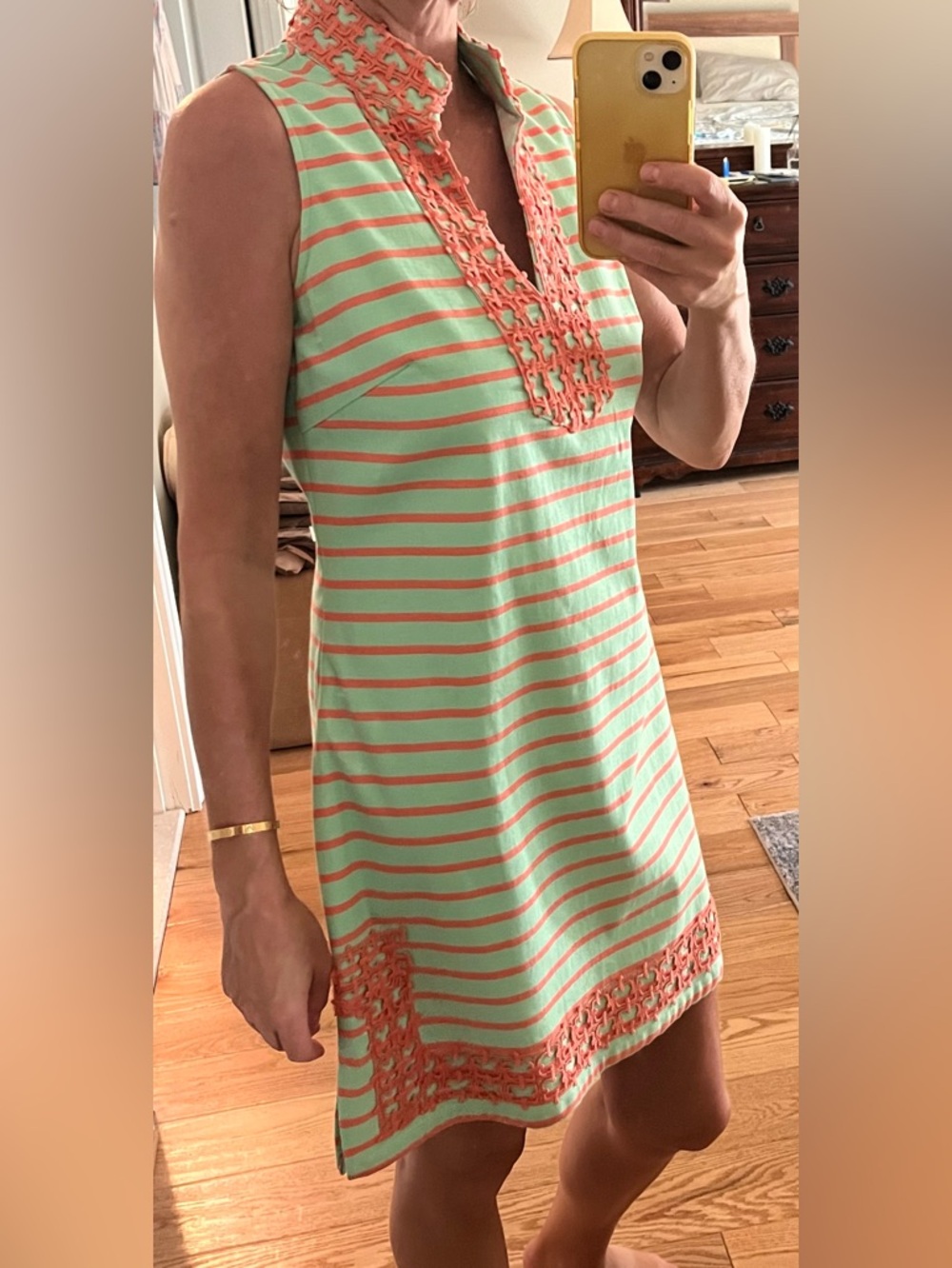 Sleeveless Mint & Coral Striped Dress with Crochet Trim
